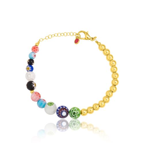 Yellow gold plated alloy bracelet, balls and Murano glass multicolor stones.
