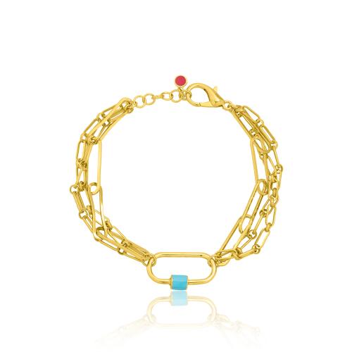 Yellow gold plated alloy necklace, chain with turquoise enamel cylinder.