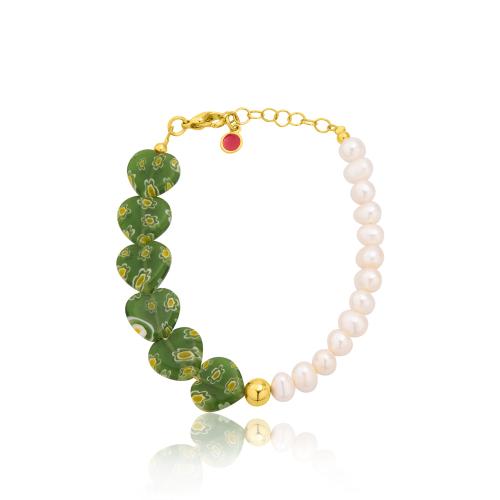 Yellow gold plated alloy bracelet, pearls and Murano glass green stones.