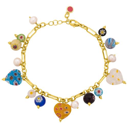 24Κ Yellow gold plated brass bracelet, pearls and Murano glass multicolor stones.