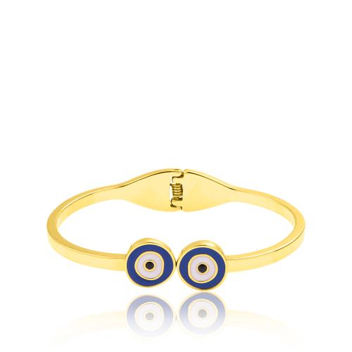 24Κ Yellow gold plated brass bracelet, blue enamel evil eyes.