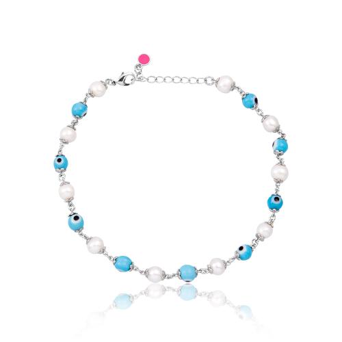 Rhodium plated alloy anklet, pearls and evil eyes.