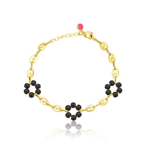 24Κ Yellow gold plated alloy bracelet, black semi precious stones.