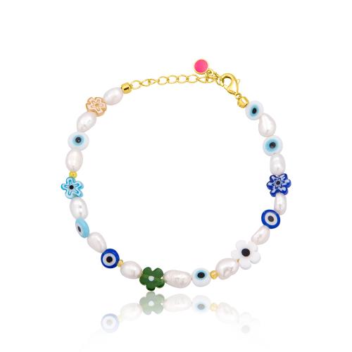 24Κ Yellow gold plated alloy bracelet, pearls and Murano glass multicolor stones.