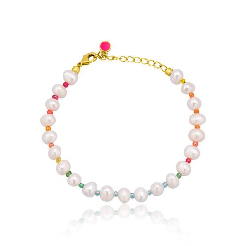 24Κ Yellow gold plated alloy bracelet, pearls and multicolor beads.