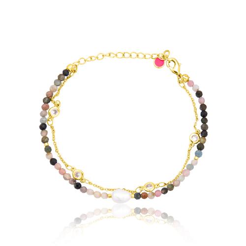 24Κ Yellow gold plated alloy bracelet, multi color semi precious stones and solitaires.
