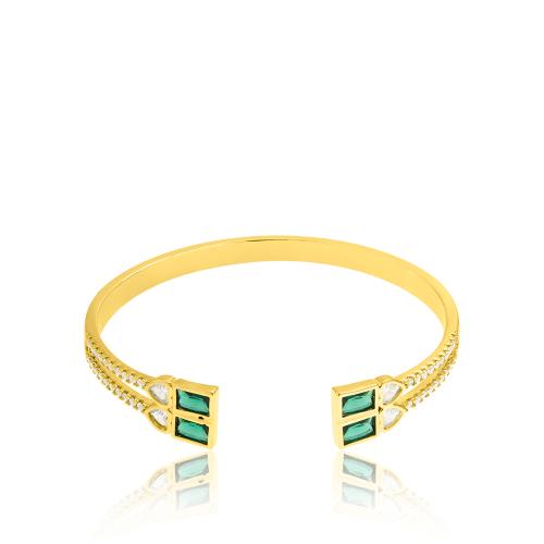 24Κ Yellow gold plated brass bracelet, green solitaires and white cubic zirconia.
