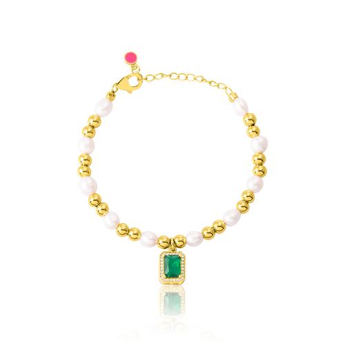 24Κ Yellow gold plated brass bracelet, green solitaire with white cubic zirconia and pearls.
