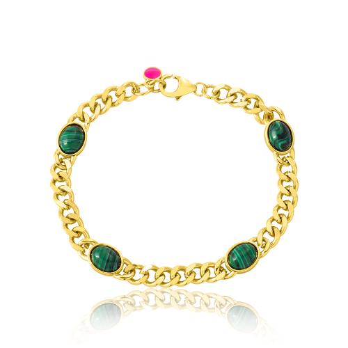 24Κ Yellow gold plated brass bracelet, green semi precious stones.