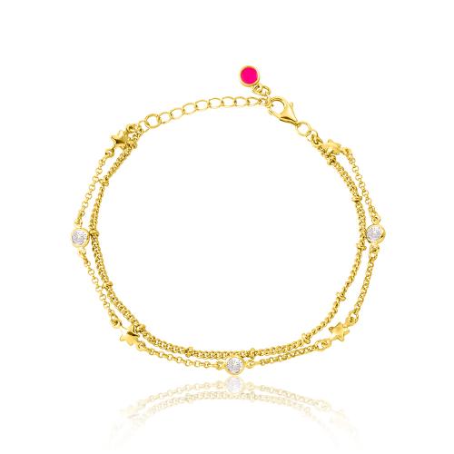 24Κ Yellow gold plated brass bracelet, stars and white solitaires.