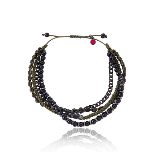 Khaki macrame bracelet, black semi precious stones.