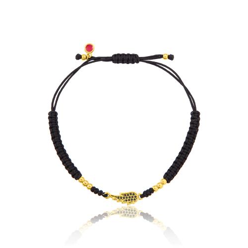Black macrame bracelet, 24Κ Yellow gold plated brass, wing with black cubic zirconia.