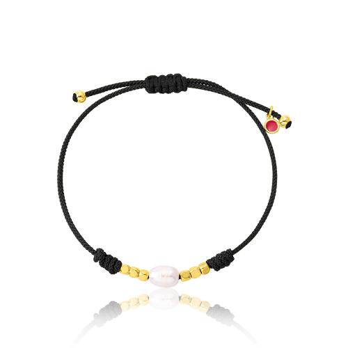 Black macrame bracelet, 24Κ Yellow gold plated brass, balls and pearl.