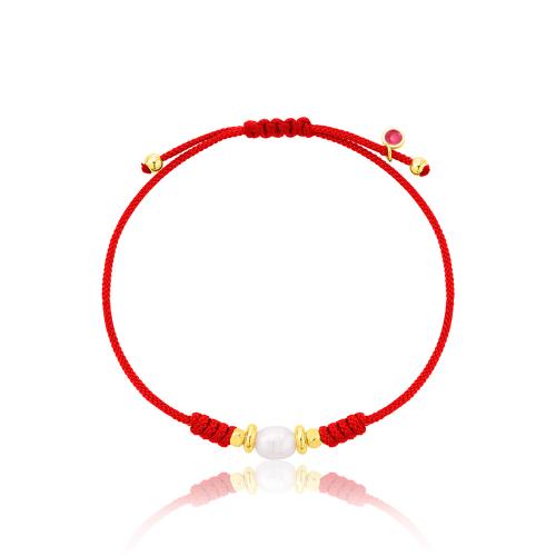 Red macrame bracelet, 24Κ Yellow gold plated brass, balls and pearl.