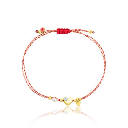 Red and white macrame Martis bracelet, yellow gold plated alloy, heart and pearl.