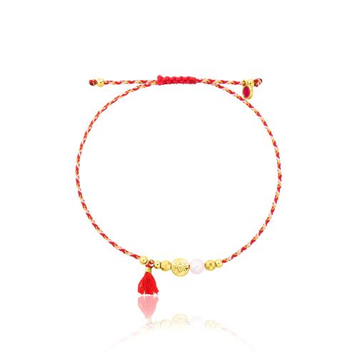 Red and white macrame Martis bracelet, yellow gold plated alloy, evil eye and pearl.