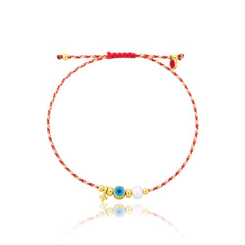 Red and white macrame Martis bracelet, yellow gold plated alloy, evil eye cross and pearl.