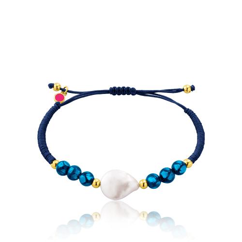Blue macrame bracelet, 24Κ Yellow gold plated brass, balls, pearl and blue semi precious stones.