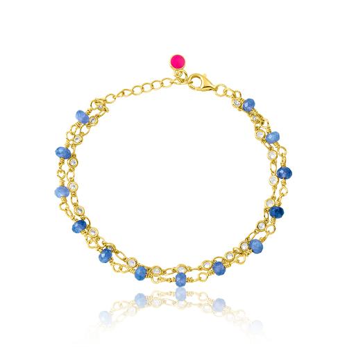 24Κ Yellow gold plated brass rosary bracelet, with blue semi precious stones and white solitaires.