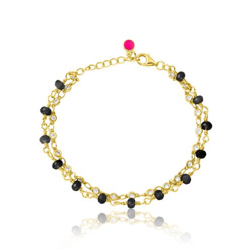 24Κ Yellow gold plated brass rosary bracelet, with black semi precious stones and white solitaires.