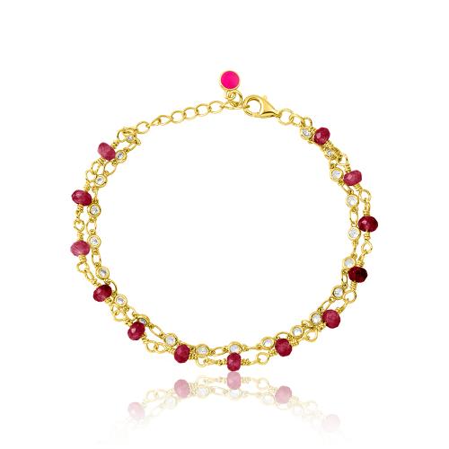 24Κ Yellow gold plated brass rosary bracelet, with burgundy semi precious stones and white solitaires.