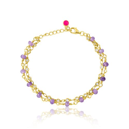 24Κ Yellow gold plated brass rosary bracelet, with purple semi precious stones and white solitaires.