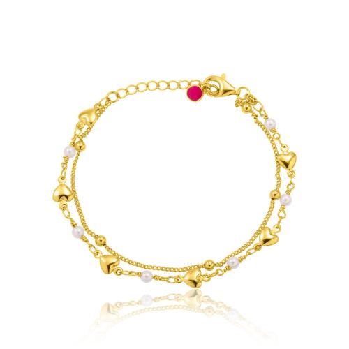 24Κ Yellow gold plated brass bracelet, hearts and pearls.