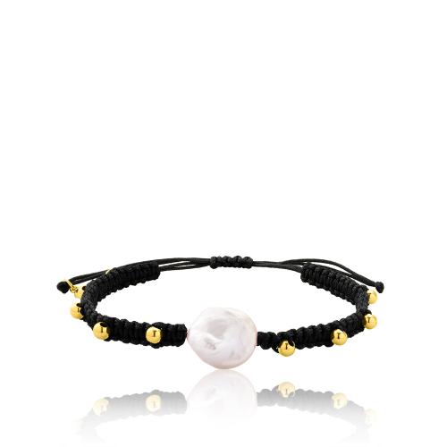 Black macrame bracelet, 24Κ Yellow gold plated brass, balls and pearl.