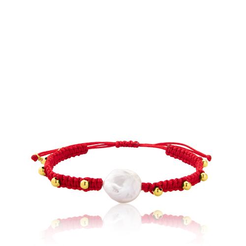 Red macrame bracelet, 24Κ Yellow gold plated brass, balls and pearl.