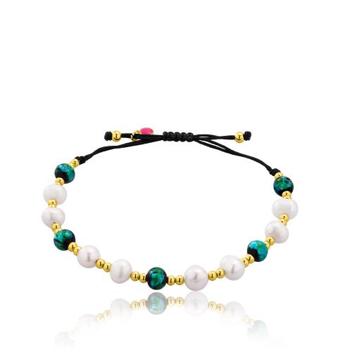 Black macrame bracelet, 24Κ Yellow gold plated brass, balls, pearls and green semi precious stones.