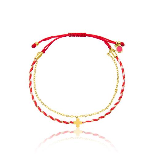 Red and white macrame Martis bracelet, yellow gold plated alloy, chain and cross.