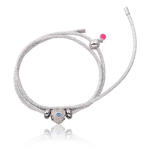 Rhodium brass magnetic silver cord bracelet, white cubic zirconia heart.