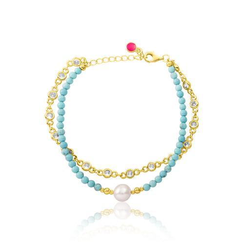 24Κ Yellow gold plated brass bracelet, with turquoise stones white solitaires and pearl.