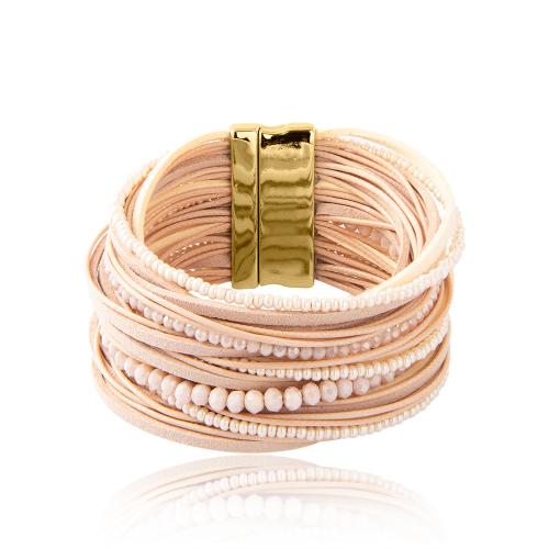 24Κ Yellow gold plated brass multiseries bracelet, with beige stones and magnetic clasp.