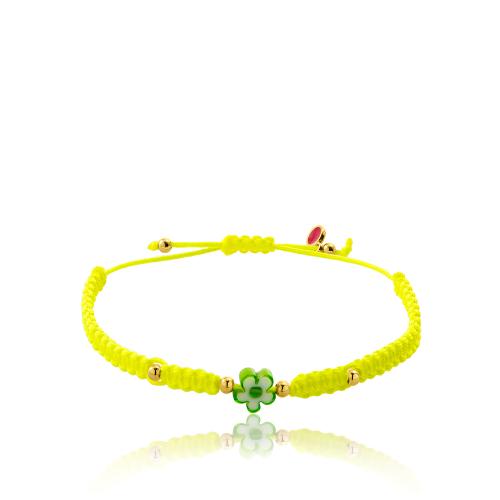 Neon yellow macrame children's bracelet, 24Κ yellow gold plated brass flower.