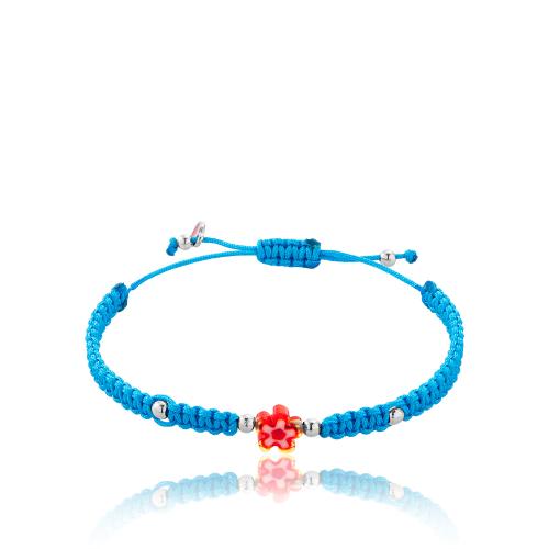 Light blue macrame children's bracelet, rhodium plated brass flower.
