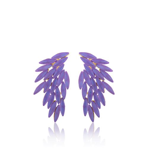24Κ Yellow gold plated brass earrings, leaf with purple semi precious stones.
