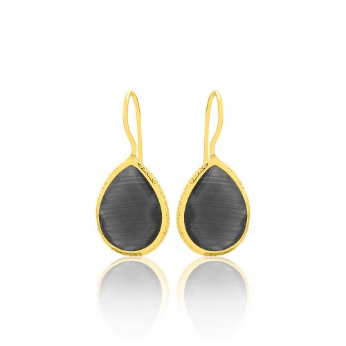 24Κ Yellow gold plated brass earrings, black semi precious stones.