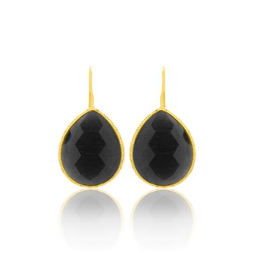 24Κ Yellow gold plated brass earrings, black semi precious stones.