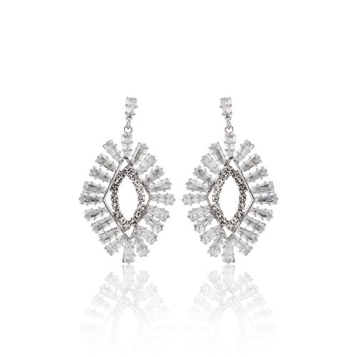 Rhodium plated brass earrings, white cubic zirconia and crystals rhombus.