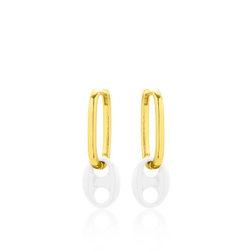 24Κ Yellow gold plated brass earrings, white enamel oval.