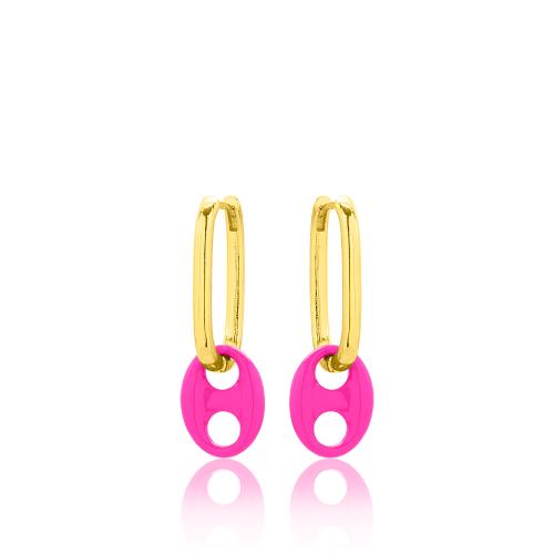 24Κ Yellow gold plated brass earrings, fuchsia enamel oval.