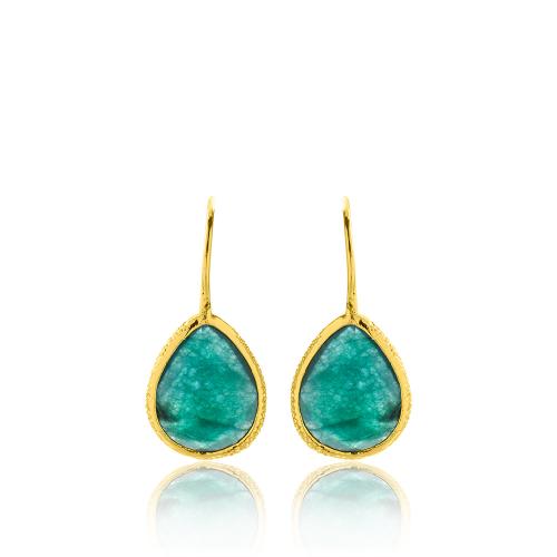 24Κ Yellow gold plated brass earrings, green semi precious stones.