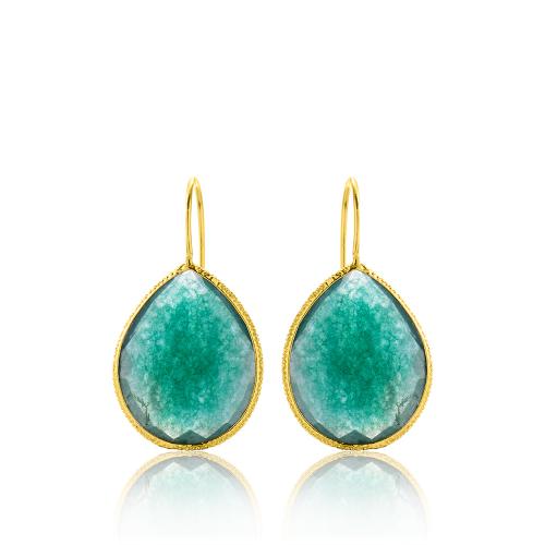 24Κ Yellow gold plated brass earrings, green semi precious stones.