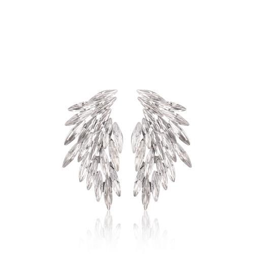Rhodium plated brass earrings, leaf with white semi precious stones.