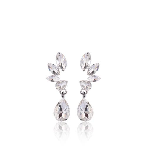 Rhodium plated brass earrings, leaf with white semi precious stones.