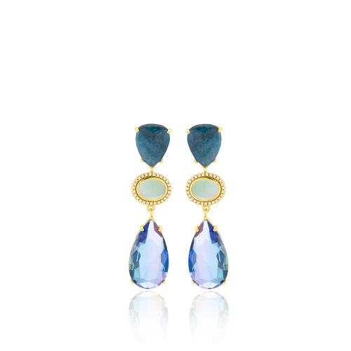 24Κ Yellow gold plated brass earrings, green and blue semi precious stones and white cubic zirconia.