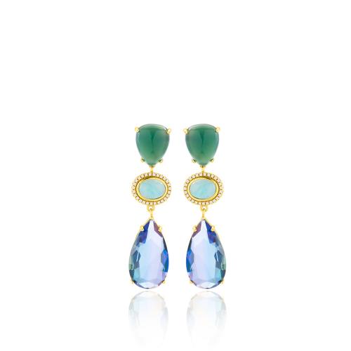 24Κ Yellow gold plated brass earrings, green and blue semi precious stones and white cubic zirconia.