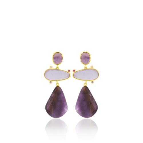 24Κ Yellow gold plated brass earrings, purple semi precious stones and multi color cubic zirconia.