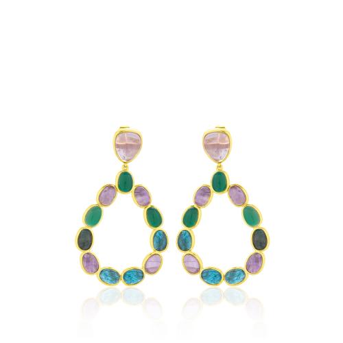 24Κ Yellow gold plated brass earrings, teardrops with green and purple semi precious stones.